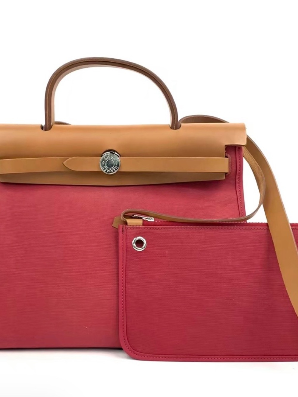 Hermes Red Canvas Shoulder Bag with Tan Leather Trim and Pouch
